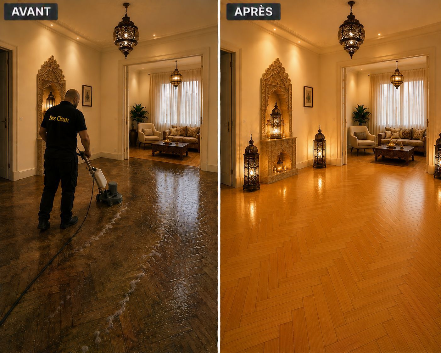Rénovation parquet avant après BSS Clean Tanger